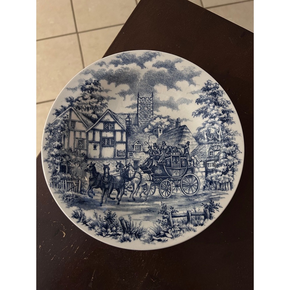 Oxford Brazil Blue White Transferware Soup Bowl Stagecoach Village Scene Vintage